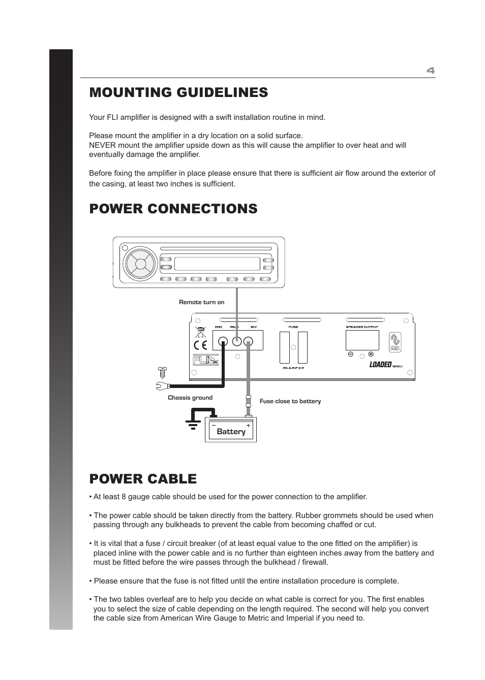 Mounting guidelines power connections power cable | Fli Audio FL400.2-F1 User Manual | Page 4 / 16