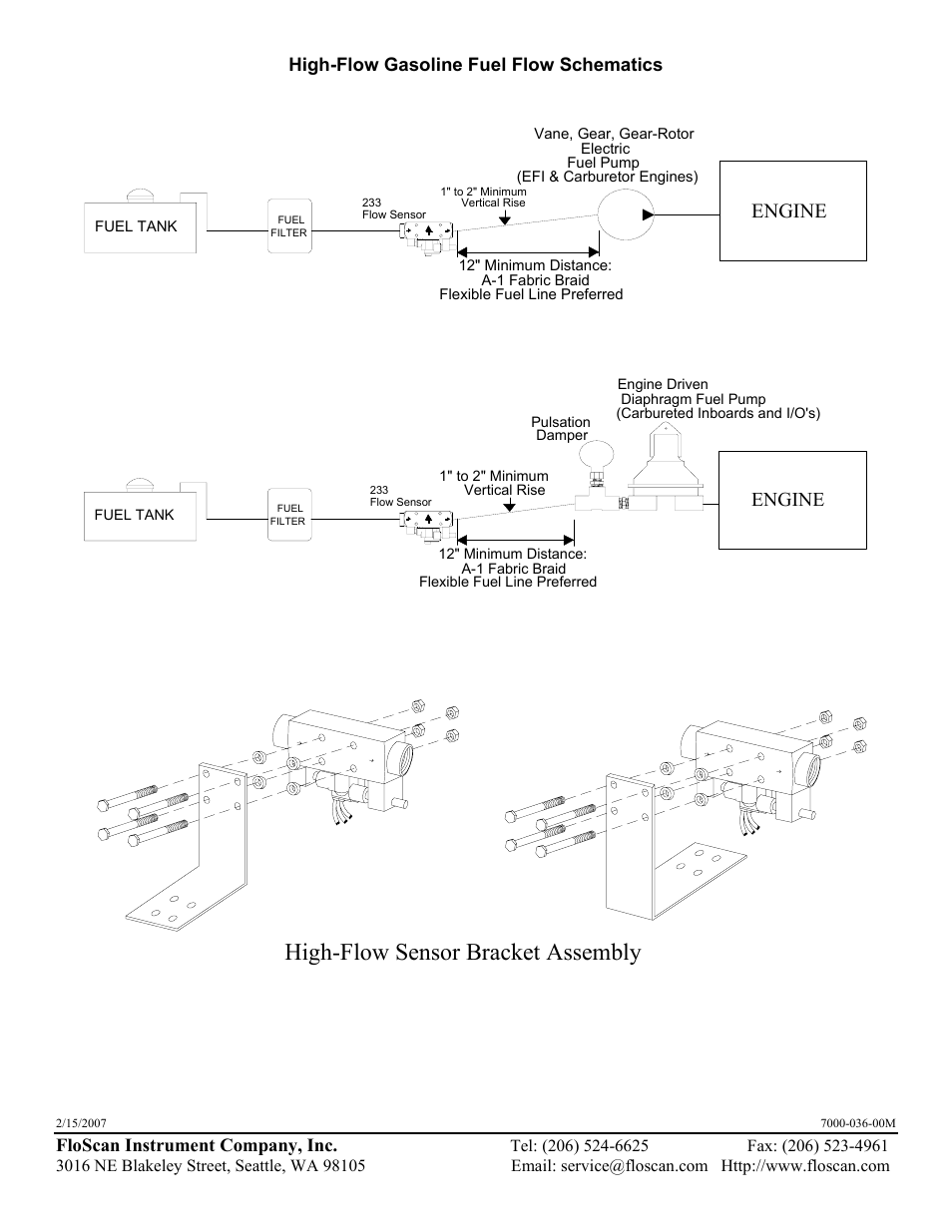 High-flow sensor bracket assembly, Engine, Floscan instrument company, inc | High-flow gasoline fuel flow schematics | Floscan TwinScan GPH/LPH Meter User Manual | Page 13 / 21