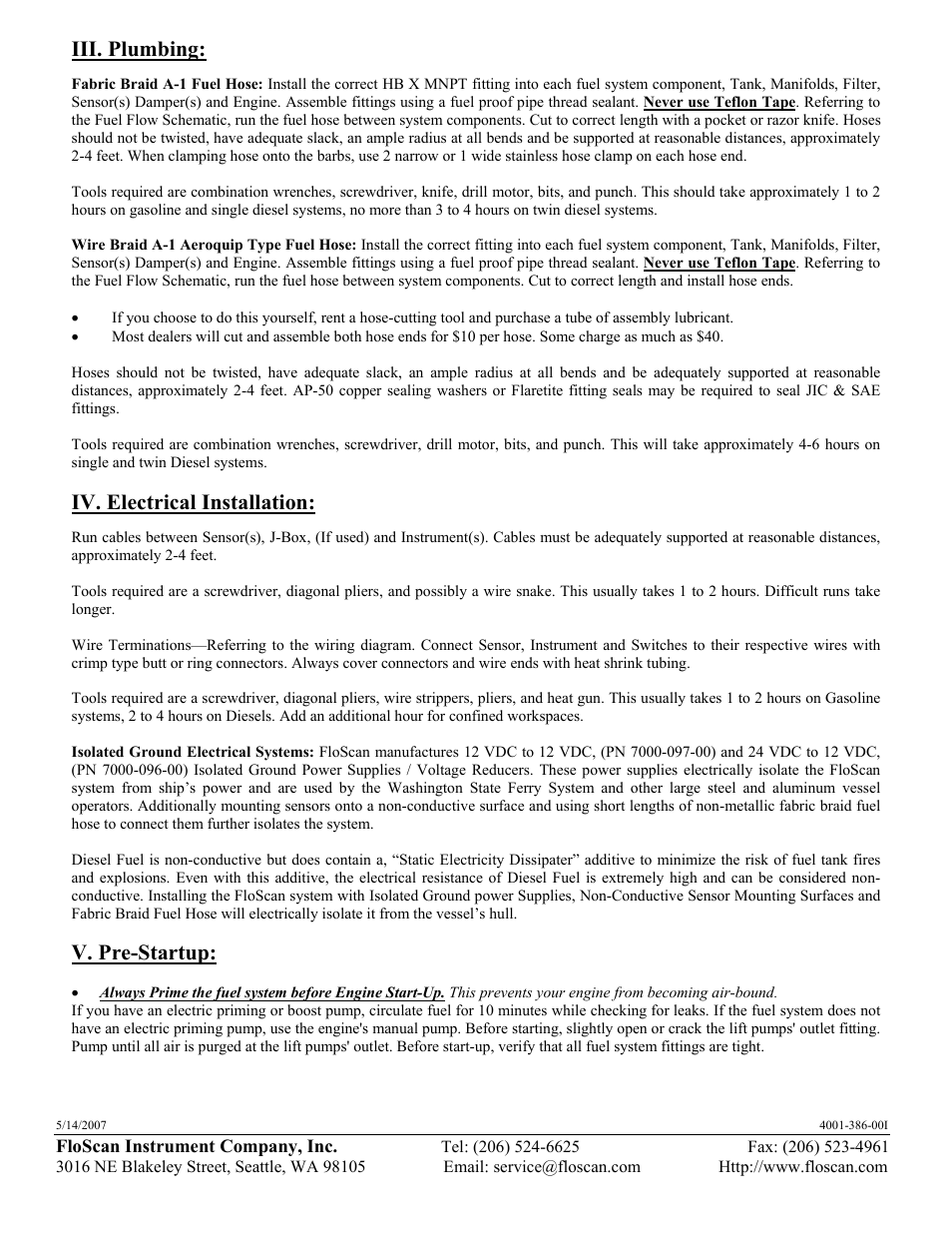 Iii. plumbing, Iv. electrical installation, V. pre-startup | Floscan Series 9700/97000 Standard Flow GPS Interface System (twin engine model) User Manual | Page 4 / 39