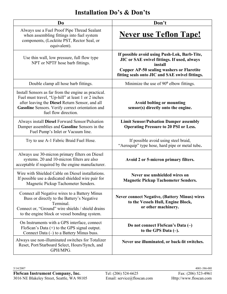 Never use teflon tape, Installation do’s & don’ts, Do don’t | Floscan instrument company, inc, Double clamp all hose barb fittings, Minimize the use of 90º elbow fittings, Try to use a-1 fabric braid fuel hose, Avoid 2 or 5-micron primary filters, Never use illuminated, or back-lit switches | Floscan Series 9700/97000 Standard Flow GPS Interface System (twin engine model) User Manual | Page 6 / 39