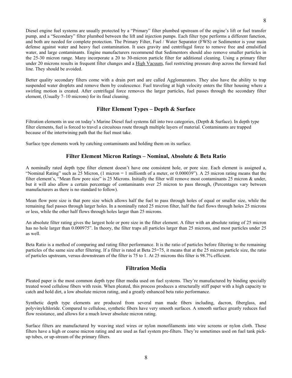 Filter element micron ratings – nominal, absolute, Filtration media | Floscan Pre-Installation Manual for Diesel Models User Manual | Page 8 / 11