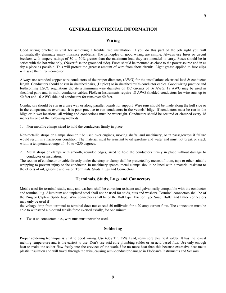 General electricial information, Terminals, studs, lugs and connectors | Floscan Pre-Installation Manual for Diesel Models User Manual | Page 9 / 11