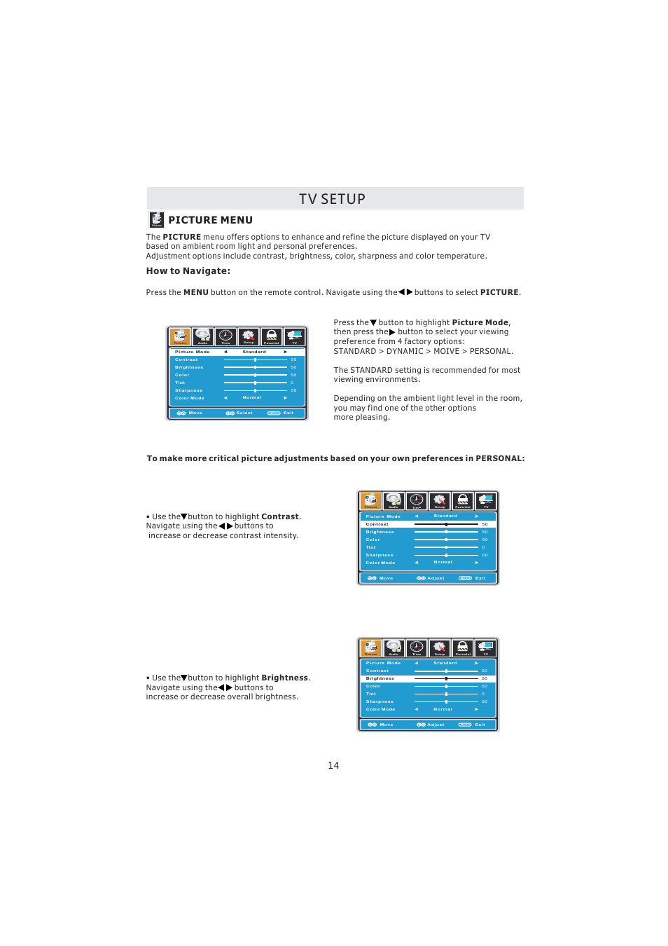 Tv setup, Picture menu, How to navigate | Curtis PL4210A User Manual | Page 18 / 35