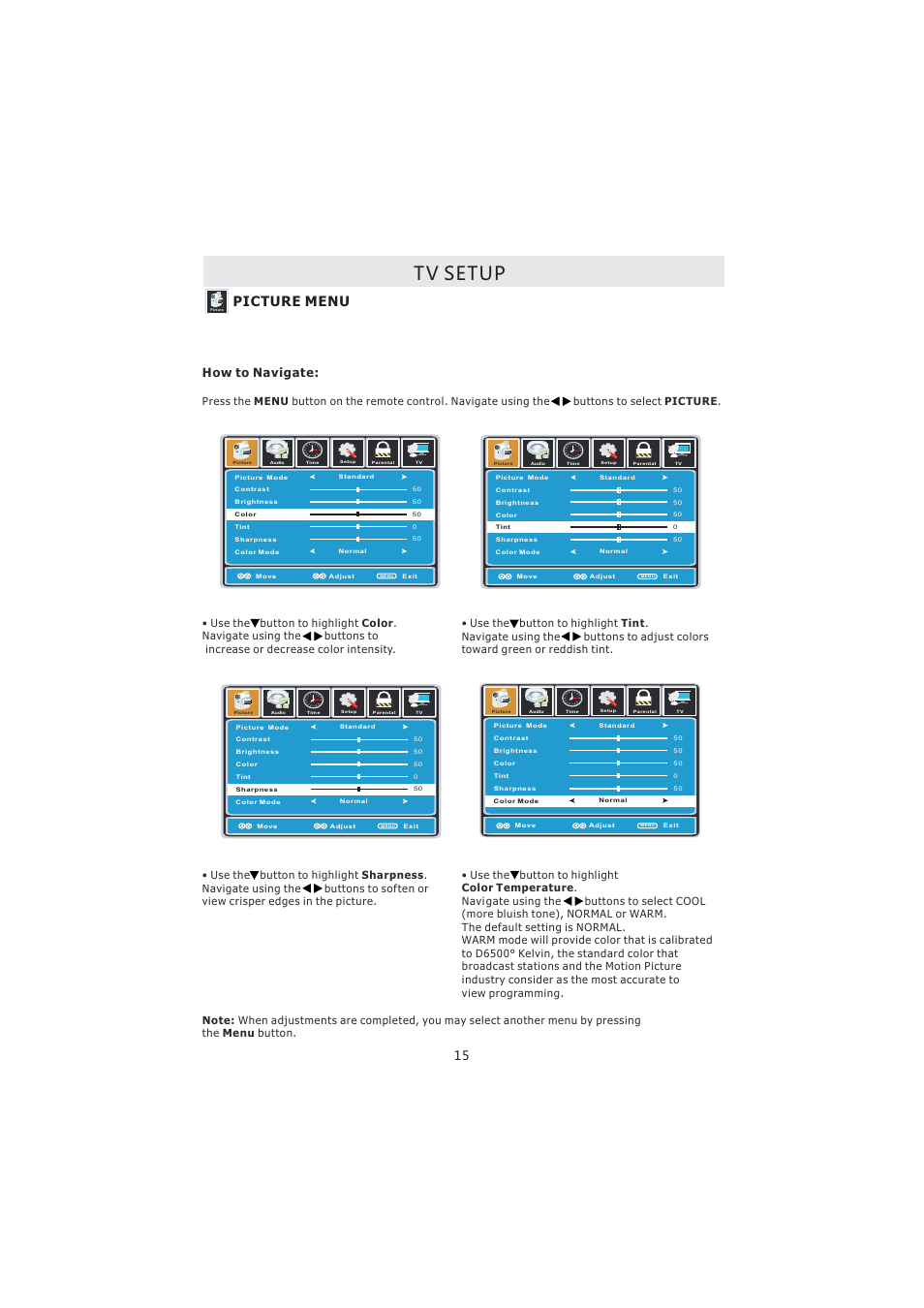 Tv setup, Picture menu, How to navigate | Curtis PL4210A User Manual | Page 19 / 35