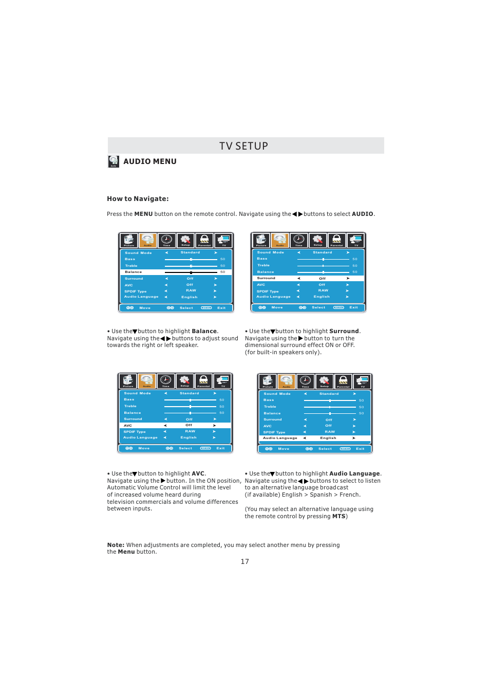 Tv setup, Audio menu, How to navigate | Curtis PL4210A User Manual | Page 21 / 35