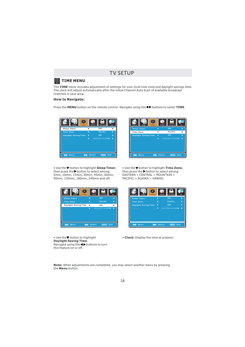 Tv setup, Time menu, How to navigate | Curtis PL4210A User Manual | Page 22 / 35