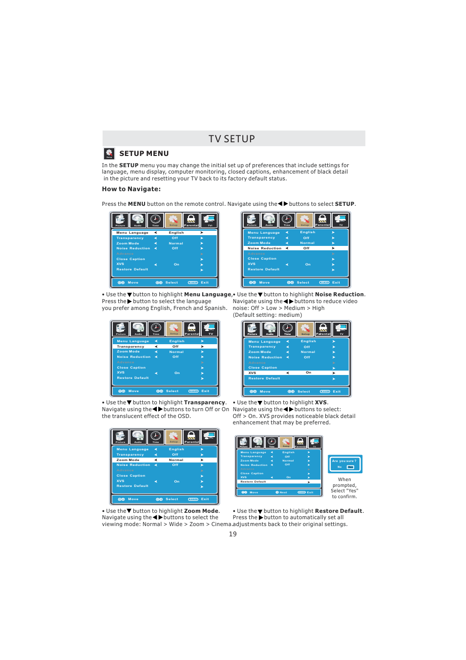 Tv setup, Setup menu, How to navigate | Curtis PL4210A User Manual | Page 23 / 35