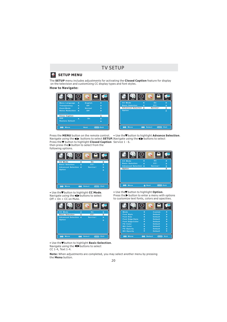 Tv setup, Setup menu, How to navigate | Curtis PL4210A User Manual | Page 24 / 35