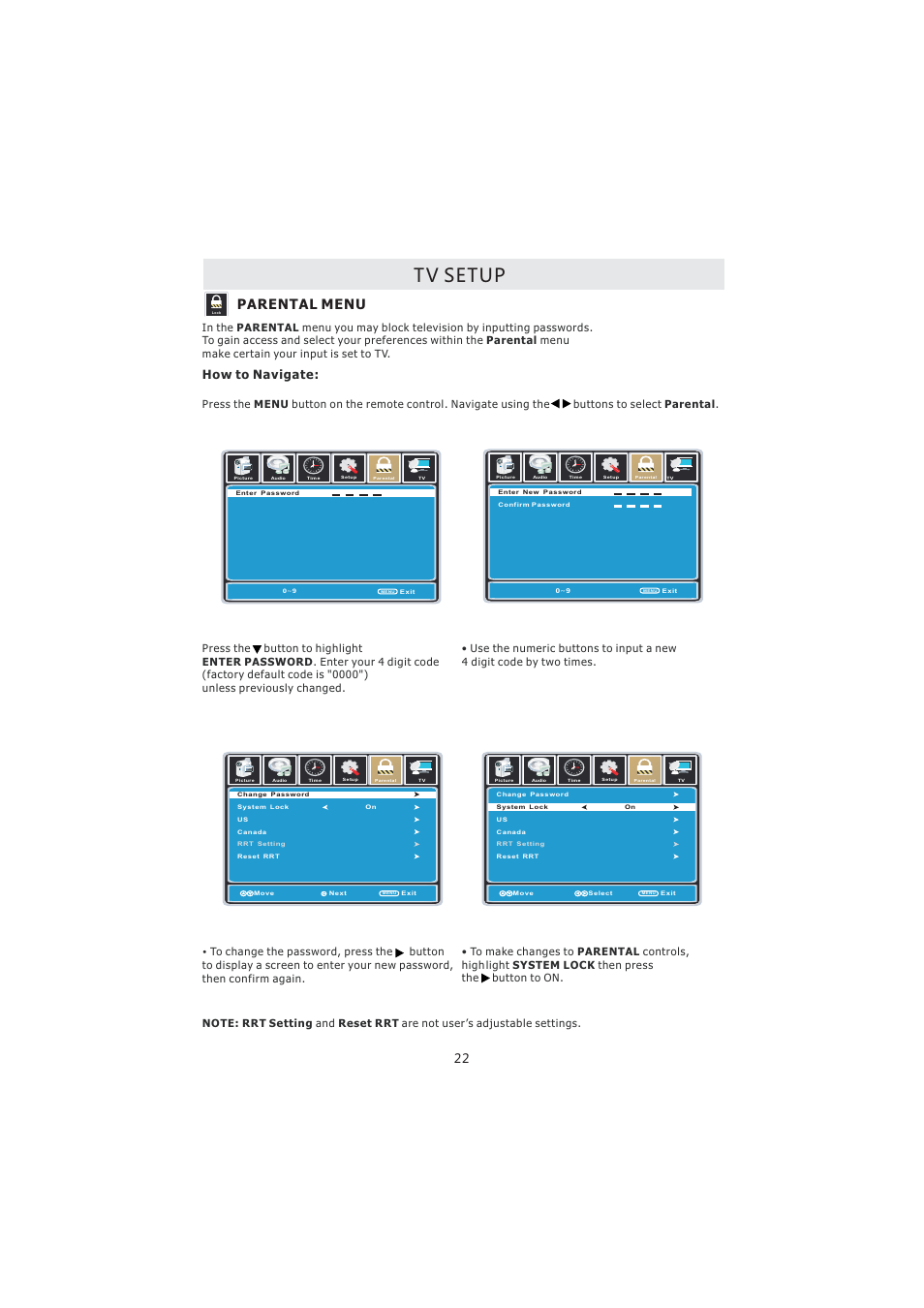 Tv setup, Parental menu, How to navigate | Curtis PL4210A User Manual | Page 26 / 35