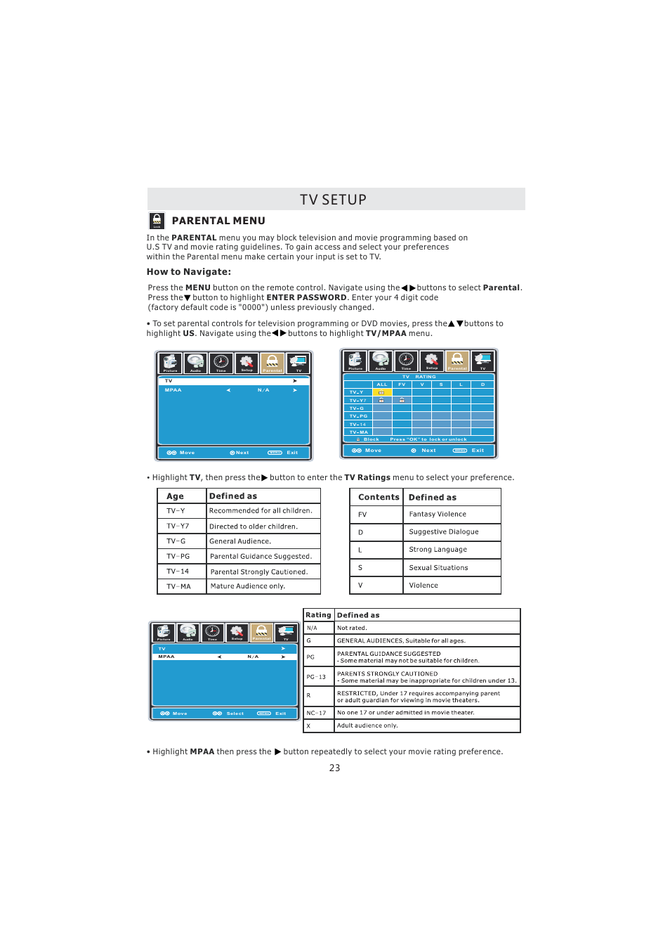 Tv setup, Parental menu, How to navigate | Curtis PL4210A User Manual | Page 27 / 35