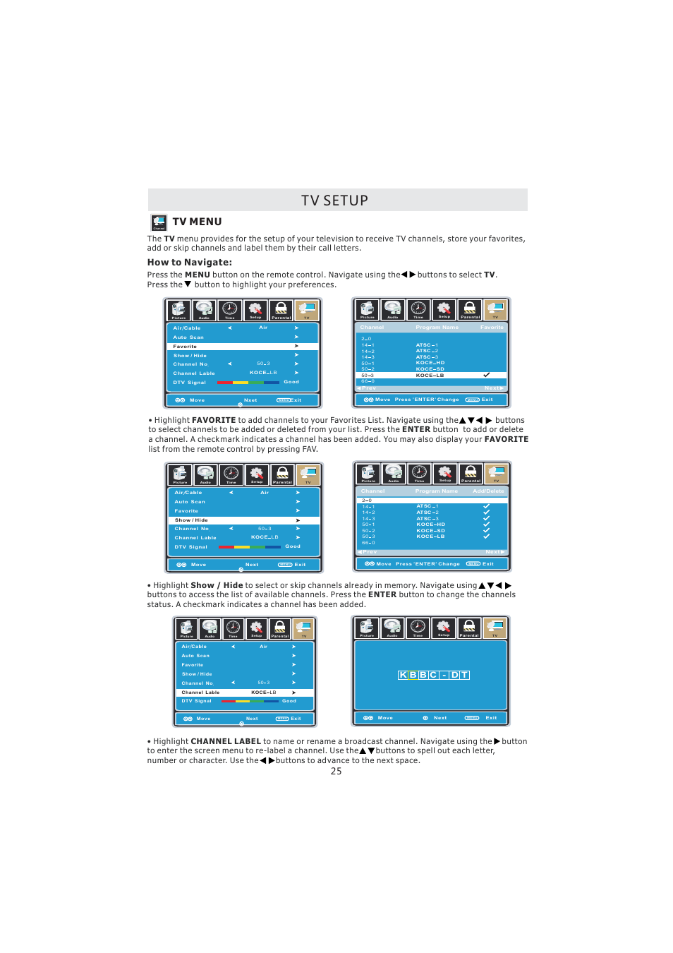 Tv setup, Tv menu, How to navigate: 25 | Curtis PL4210A User Manual | Page 29 / 35