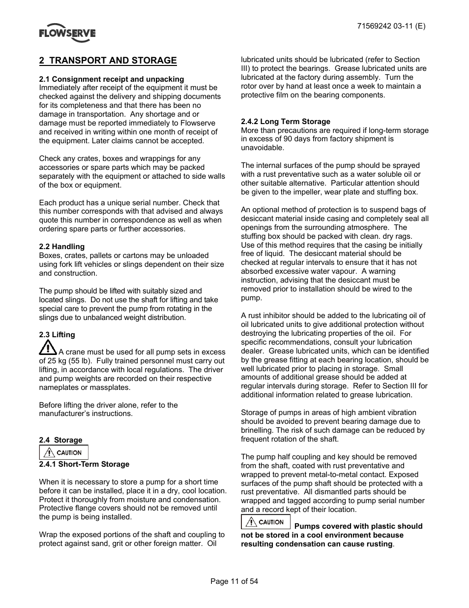 2 transport and storage | Flowserve Type R User Manual | Page 11 / 56