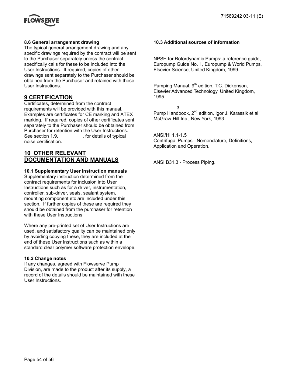 9 certification, 10 other relevant documentation and manuals | Flowserve Type R User Manual | Page 54 / 56