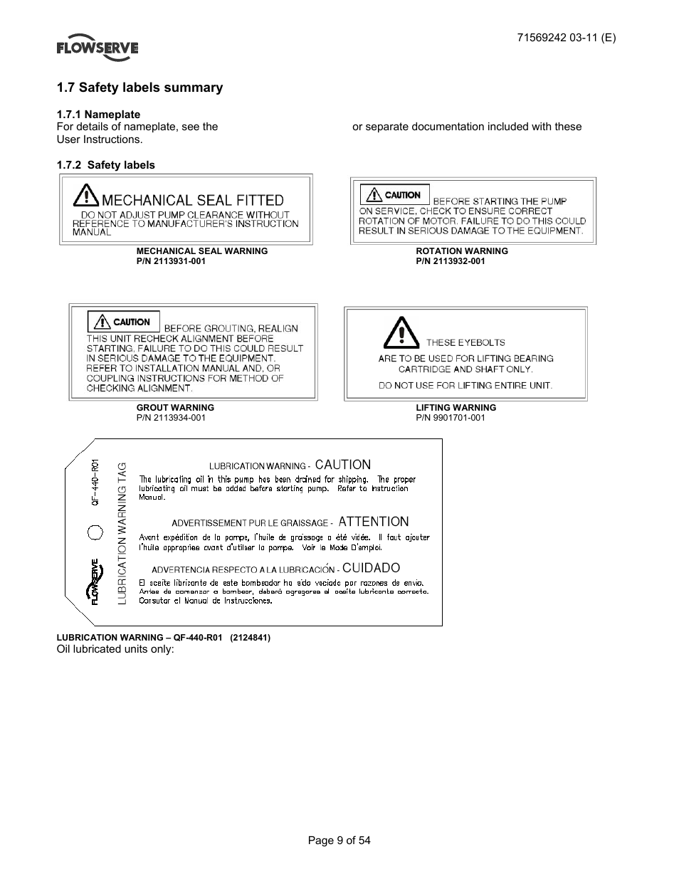 7 safety labels summary | Flowserve Type R User Manual | Page 9 / 56