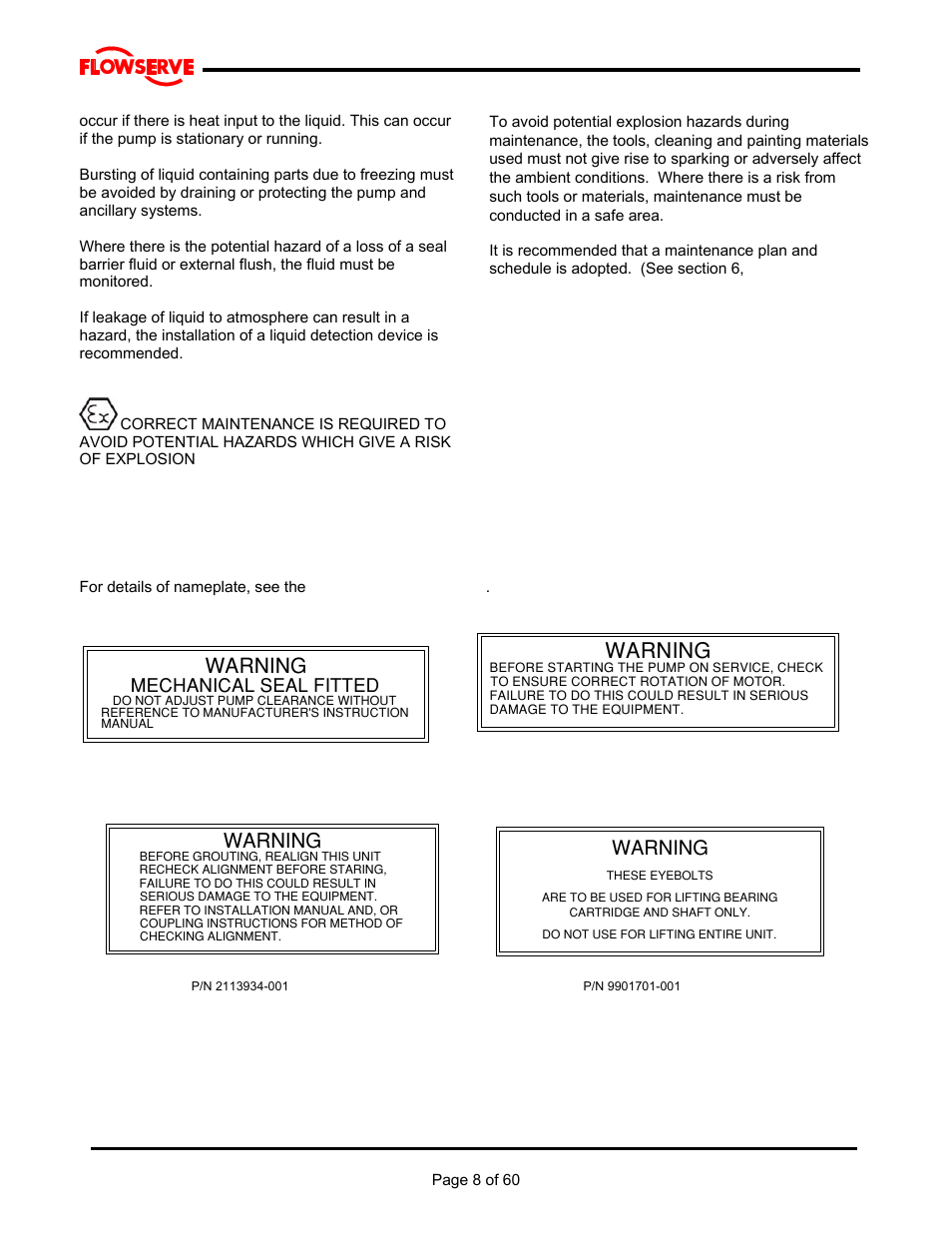 Warning, Mechanical seal fitted | Flowserve M Slurry User Manual | Page 8 / 60
