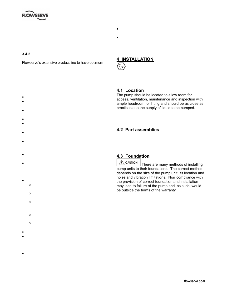 4 installation, 1 location, 2 part assemblies | 3 foundation, Foundation (4.3), Installation (4), Location (4.1), Part assemblies (4.2) | Flowserve CPXV fitted with Mark 3 ASME hydraulics User Manual | Page 13 / 44