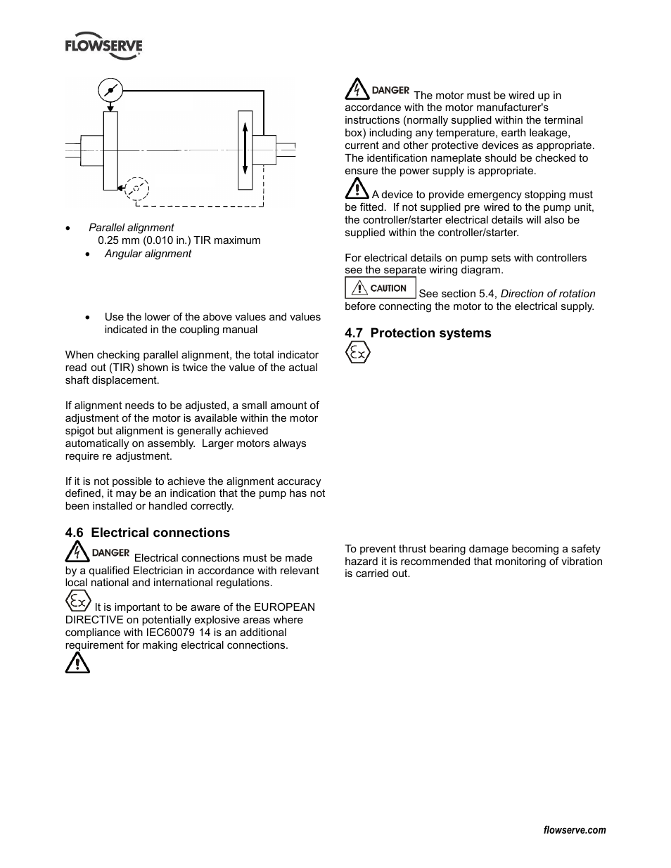 6 electrical connections, 7 protection systems, Electrical connections (4.6) | Protection systems (4.7) | Flowserve CPXV fitted with Mark 3 ASME hydraulics User Manual | Page 16 / 44