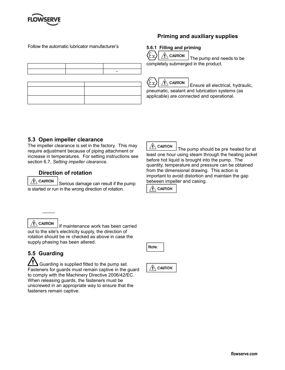 3 open impeller clearance, Direction of rotation, 5 guarding | Priming and auxiliary supplies, Guarding (5.5), 4 direction of rotation, 6 priming and auxiliary supplies | Flowserve CPXV fitted with Mark 3 ASME hydraulics User Manual | Page 20 / 44