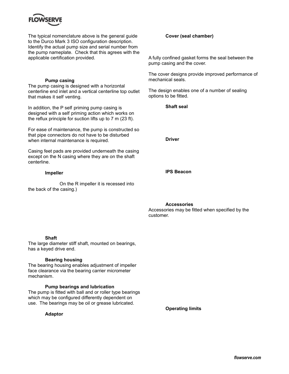 Design of major parts, Performance and operating limits, Design of major parts (3.3) | Operating limits (3.4.1), Performance (3.4) | Flowserve Durco Mark 3 ISO Frame Mounted User Manual | Page 12 / 52