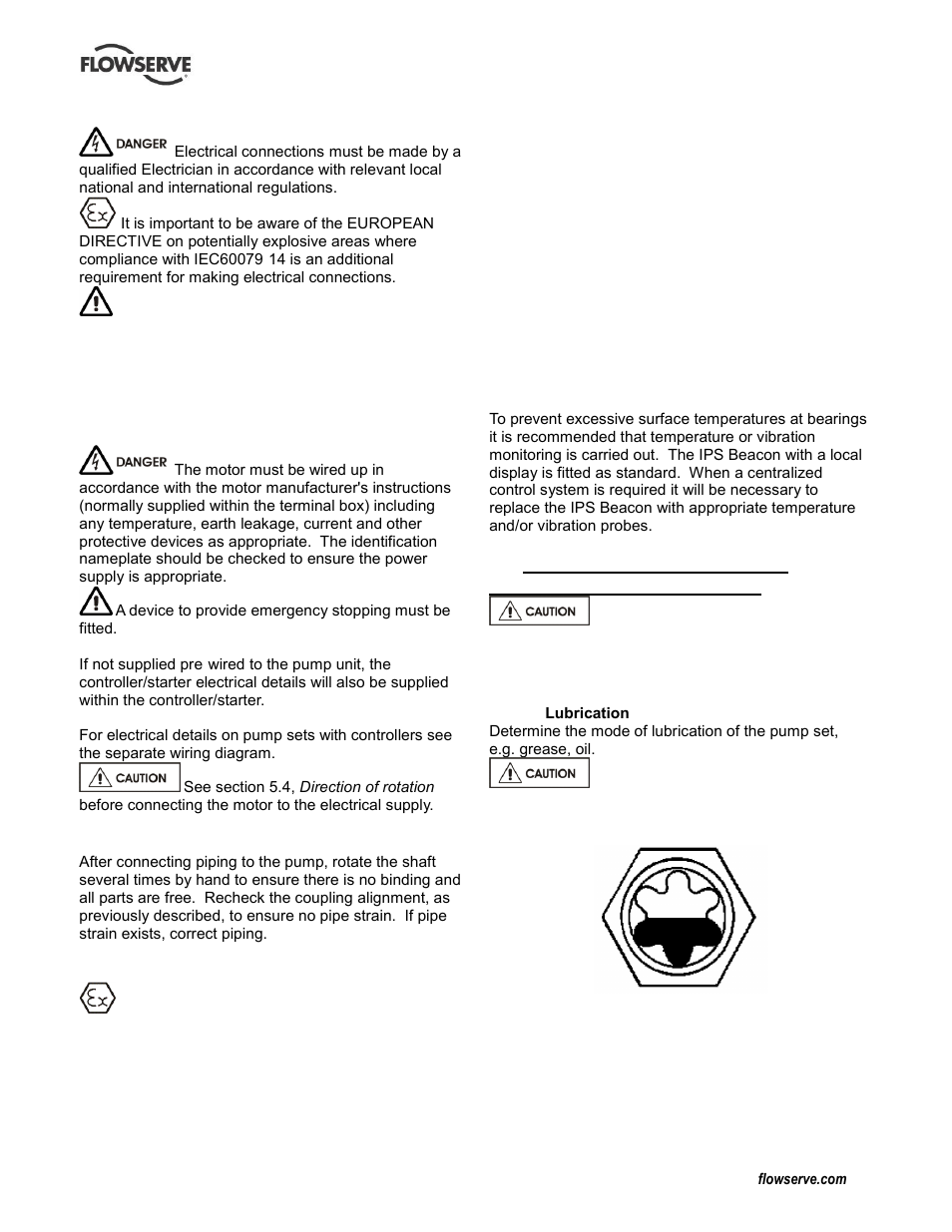 Final shaft alignment check, Protection systems, Commissioning, start-up, operation and shutdown | Pre-commissioning procedure, Commissioning and operation (5), Pre-commissioning (5.1), Protection systems (4.9) | Flowserve Durco Mark 3 ISO Frame Mounted User Manual | Page 20 / 52