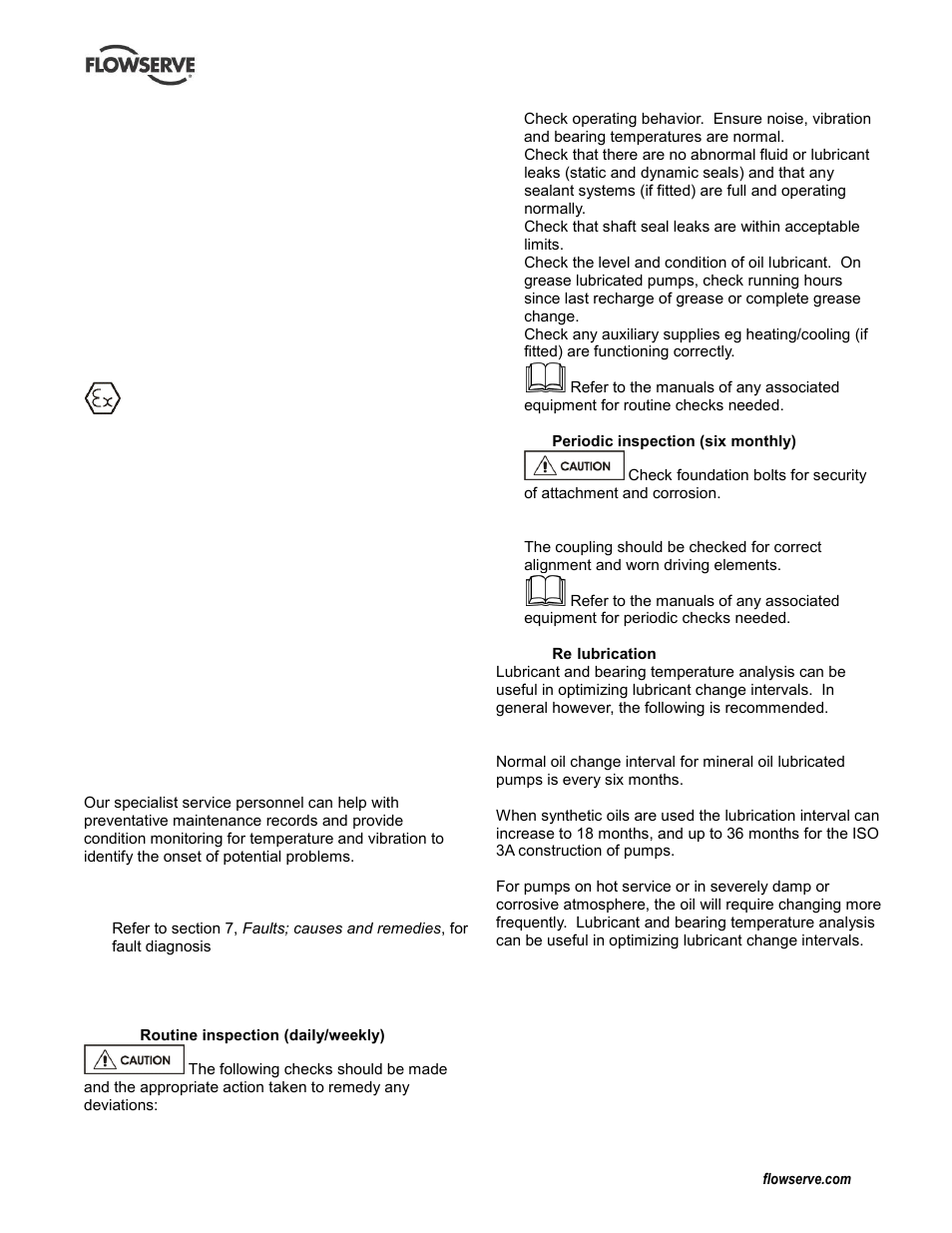 Maintenance schedule, Inspection (6.2.1 and 6.2.2), Maintenance schedule (6.2) | Flowserve Durco Mark 3 ISO Frame Mounted User Manual | Page 26 / 52