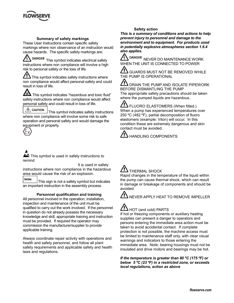 Safety, Safety action (1.6.3), Safety markings (1.6.1) | Flowserve Durco Mark 3 ISO Frame Mounted User Manual | Page 5 / 52