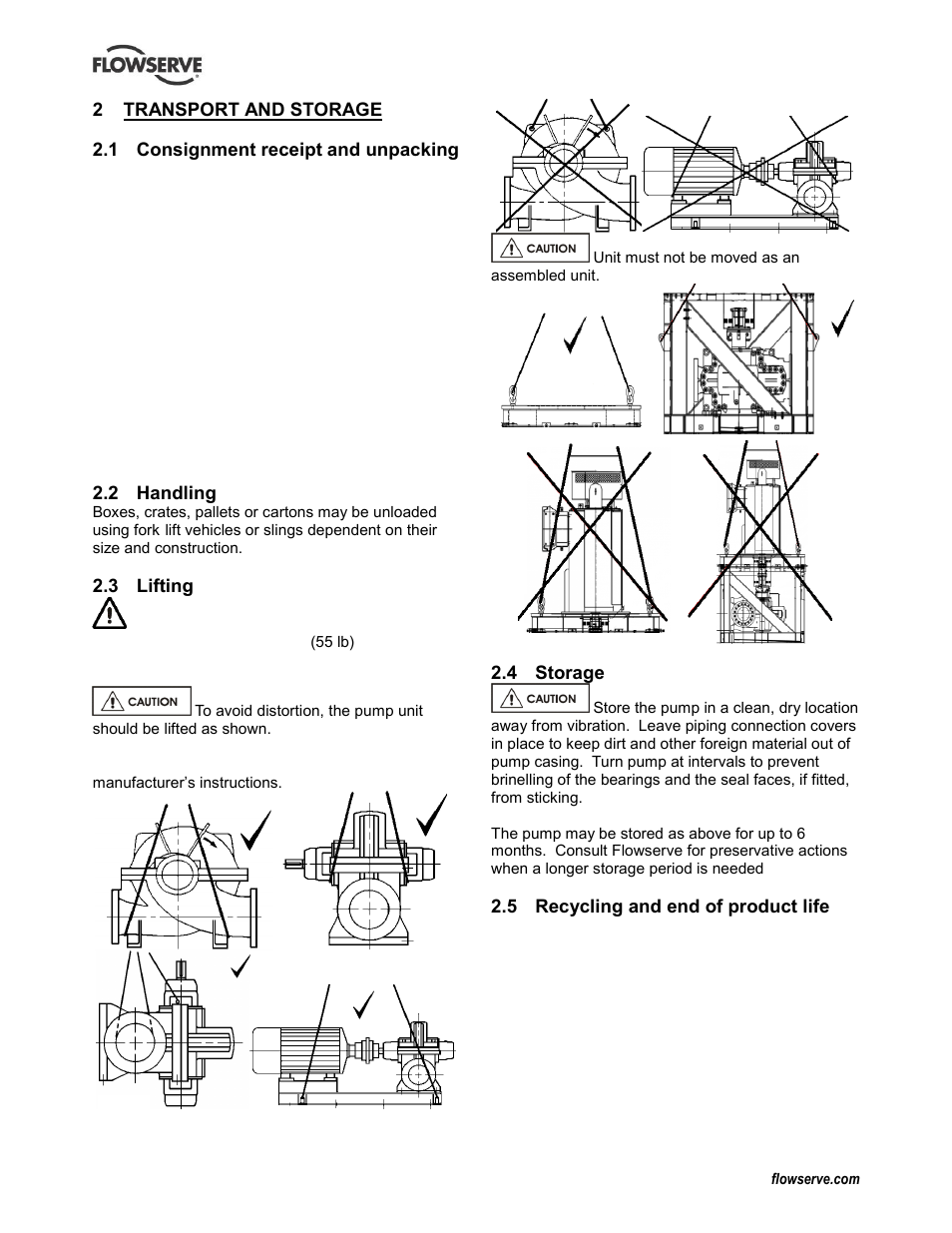 Transport and storage, Consignment receipt and unpacking, Handling | Lifting, Storage, Recycling and end of product life, End of product life (2.5), Handling (2.2), Lifting (2.3), Receipt and unpacking (2.1) | Flowserve LNN User Manual | Page 10 / 56