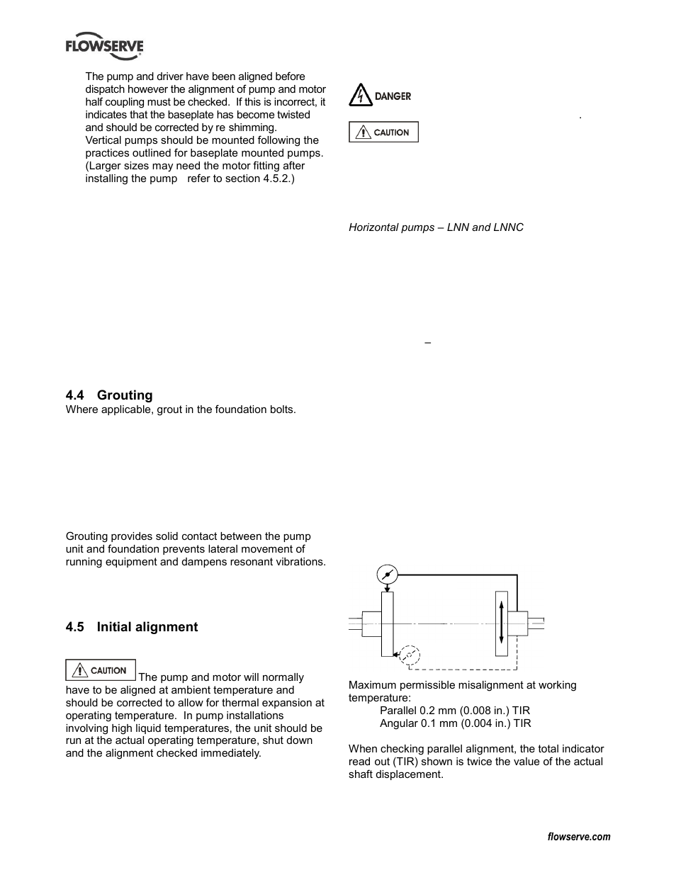 Grouting, Initial alignment, Grouting (4.4) | Thermal expansion (4.5.1) | Flowserve LNN User Manual | Page 14 / 56