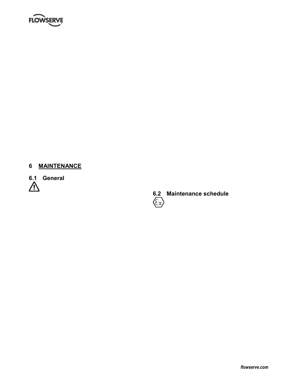 Maintenance, General, Maintenance schedule | Maintenance (6), Maintenance schedule (6.2), 6 maintenance, 1 general, 2 maintenance schedule | Flowserve LNN User Manual | Page 26 / 56