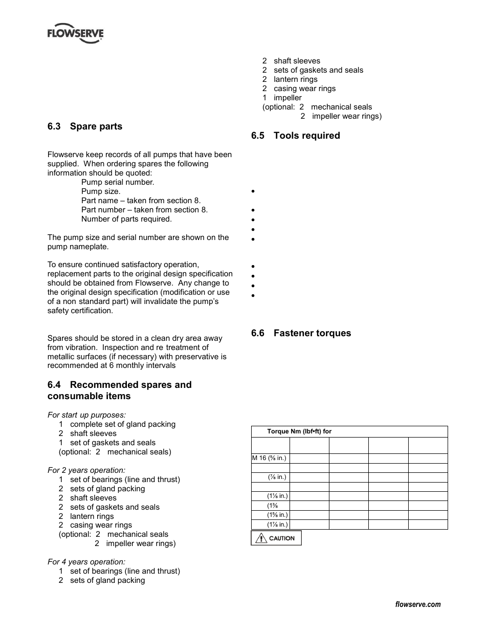 Spare parts, Recommended spares and consumable items, Tools required | Fastener torques, Fastener torques (6.6), Ordering spare parts (6.3.1), Recommended spares (6.4), Replacement parts (see 6.3 and 6.4), Spare parts (6.3), Storage, spare parts (6.3.2) | Flowserve LNN User Manual | Page 29 / 56