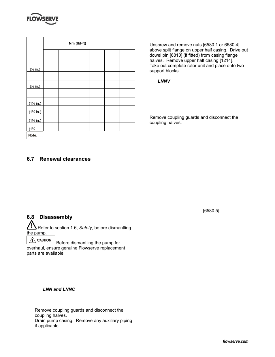Renewal clearances, Disassembly, Clearances (see 6.7, renewal clearances) | Disassembly (6.8), Dismantling (see 6.8, disassembly), Impeller clearance (6.7), 7 renewal clearances, 8 disassembly | Flowserve LNN User Manual | Page 30 / 56