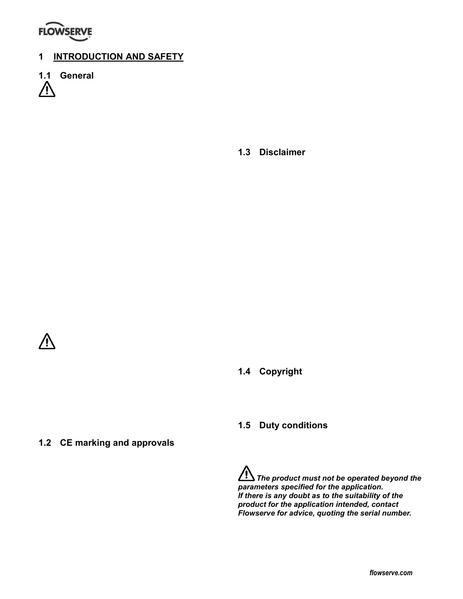 Introduction and safety, General, Ce marking and approvals | Disclaimer, Copyright, Duty conditions, Ce marking and approvals (1.2), Copyright (1.4), Disclaimer (1.3), Duty conditions (1.5) | Flowserve LNN User Manual | Page 4 / 56