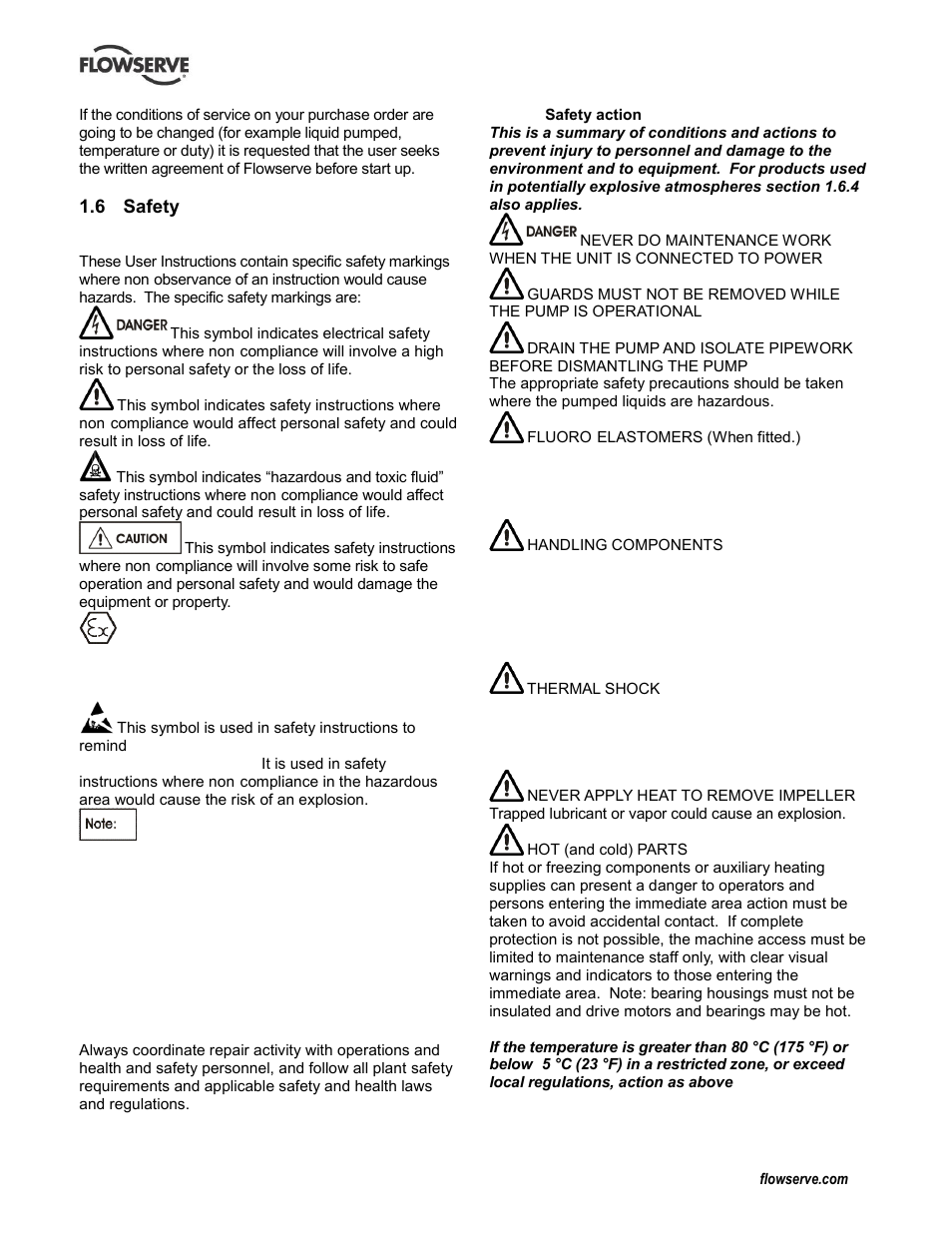 Safety, Safety action (1.6.3), Safety markings (1.6.1) | Flowserve LNN User Manual | Page 5 / 56