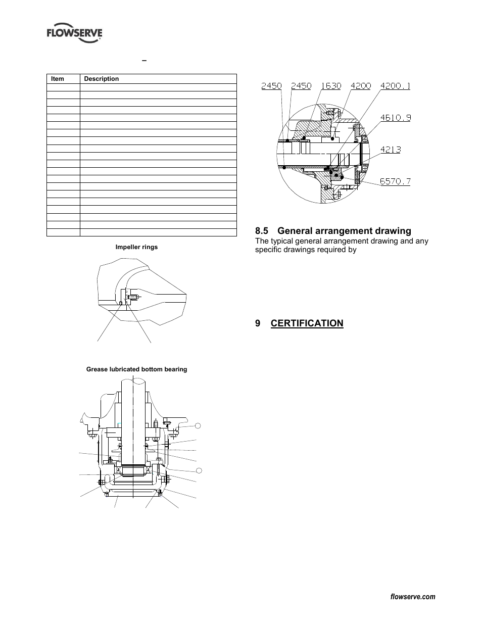 General arrangement drawing, Certification, Certification (9) | General arrangement drawing (8.5), Supplementary manuals or information, Sources (10), 5 general arrangement drawing, 9 certification | Flowserve LNN User Manual | Page 51 / 56