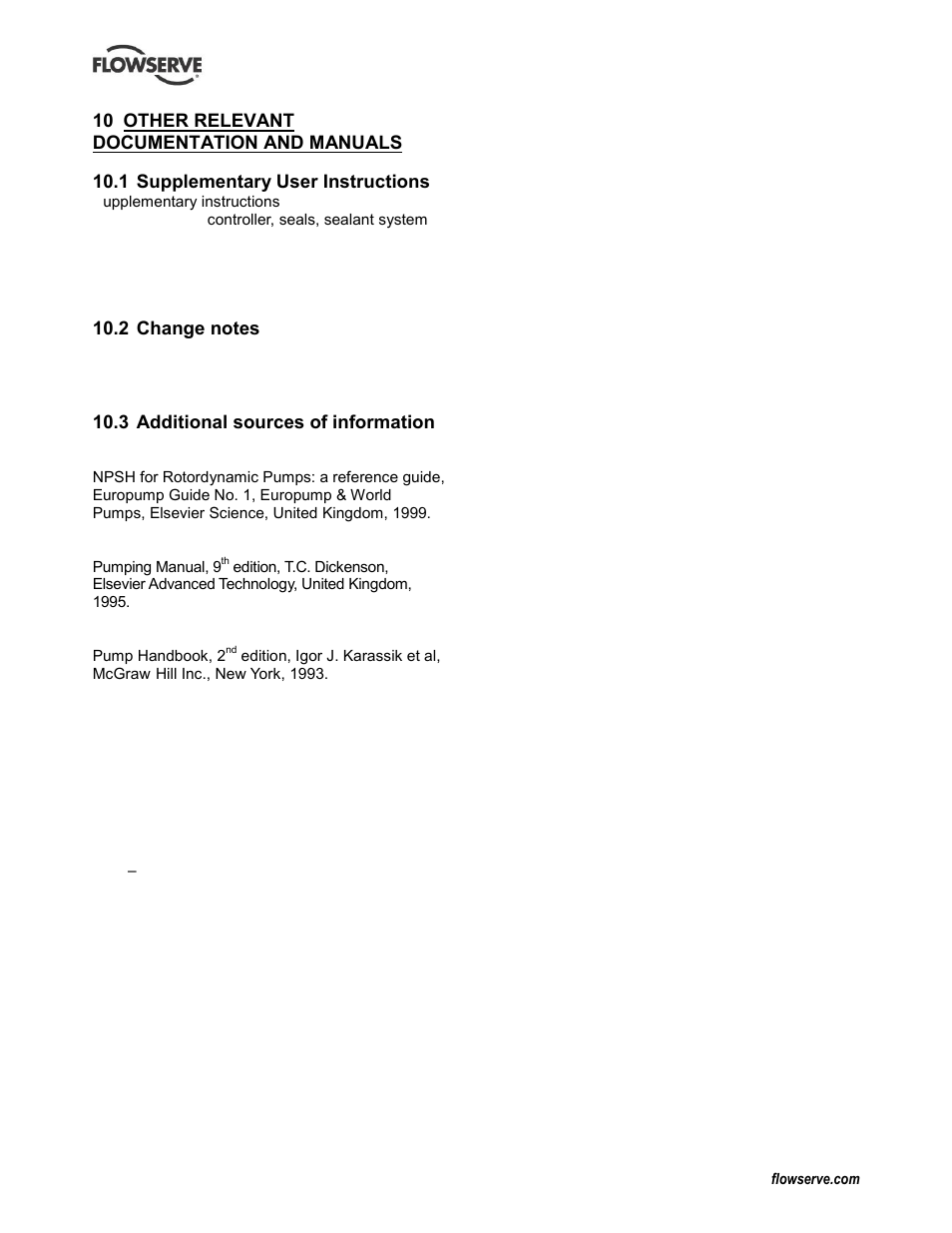 Other relevant documentation and manuals, Supplementary user instructions, Change notes | Additional sources of information | Flowserve LNN User Manual | Page 52 / 56