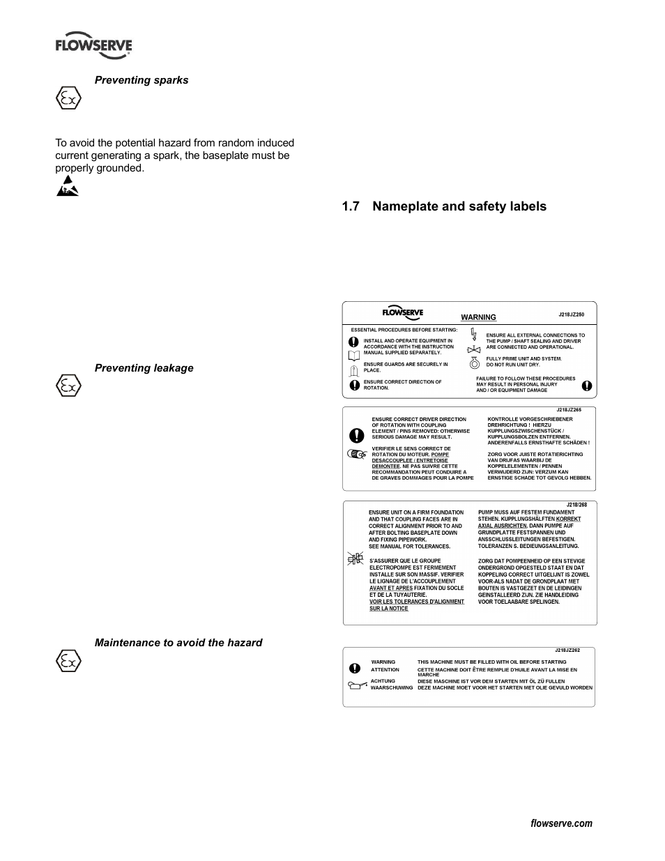 Nameplate and safety labels, Nameplate (1.7.1), Safety labels (1.7.2) | Specific machine performance (1.8), 7 nameplate and safety labels | Flowserve LNN User Manual | Page 8 / 56