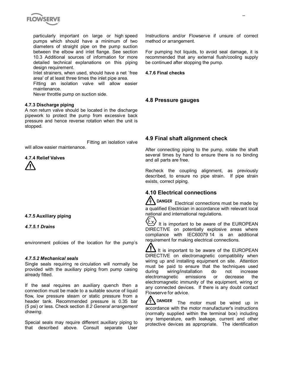 8 pressure gauges, 9 final shaft alignment check, 10 electrical connections | Flowserve MP1 Sier-Bath User Manual | Page 19 / 48
