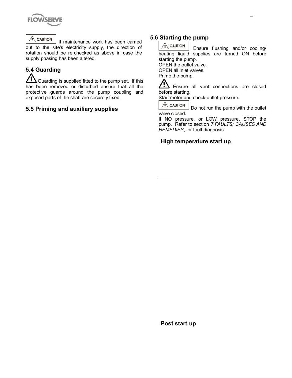 4 guarding, 5 priming and auxiliary supplies, 6 starting the pump | High temperature start up, Post start-up | Flowserve MP1 Sier-Bath User Manual | Page 23 / 48
