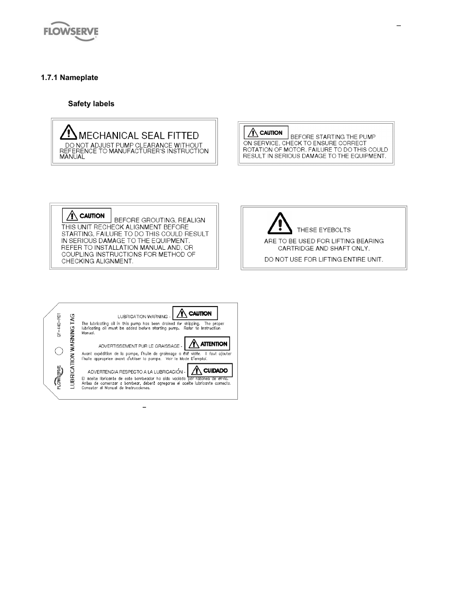 7 nameplate and warning labels | Flowserve MP1 Sier-Bath User Manual | Page 9 / 48