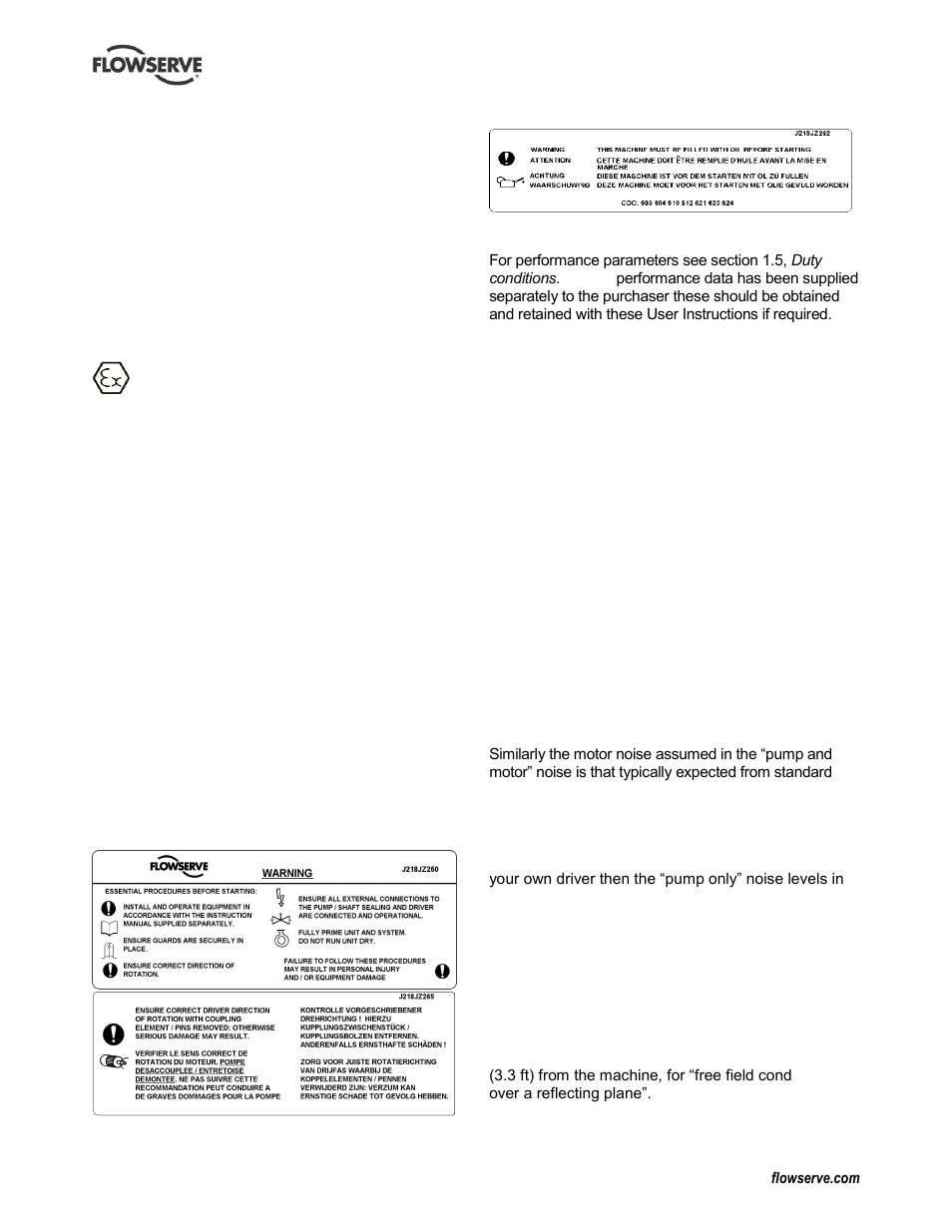 Nameplate and safety labels, Specific machine performance, Noise level | Nameplate (1.7.1), Safety labels (1.7.2), Sound pressure level (1.9, noise level) | Flowserve IDP CPXV User Manual | Page 9 / 48