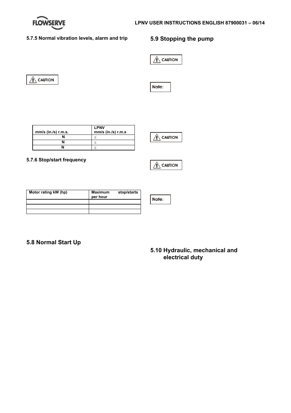 8 normal start up, 9 stopping the pump, 10 hydraulic, mechanical and electrical duty | Flowserve LPNV Worthington User Manual | Page 29 / 48