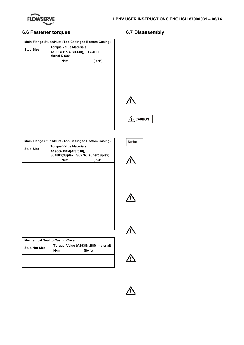 6 fastener torques, 7 disassembly | Flowserve LPNV Worthington User Manual | Page 33 / 48