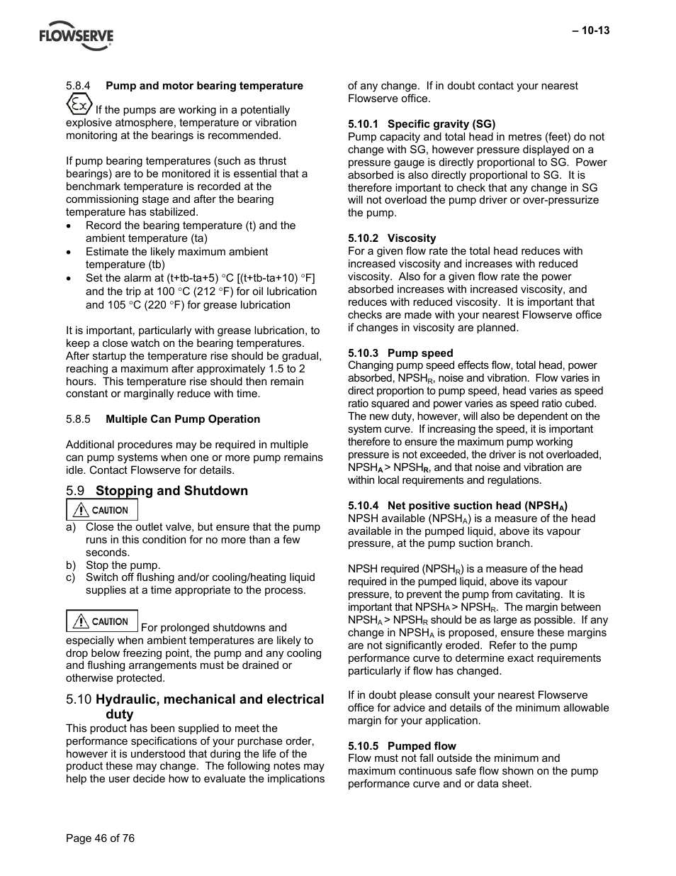 Stopping and shutdown 5.9, Hydraulic, mechanical and electrical 5.10 duty | Flowserve VTP Wet Pit User Manual | Page 46 / 76