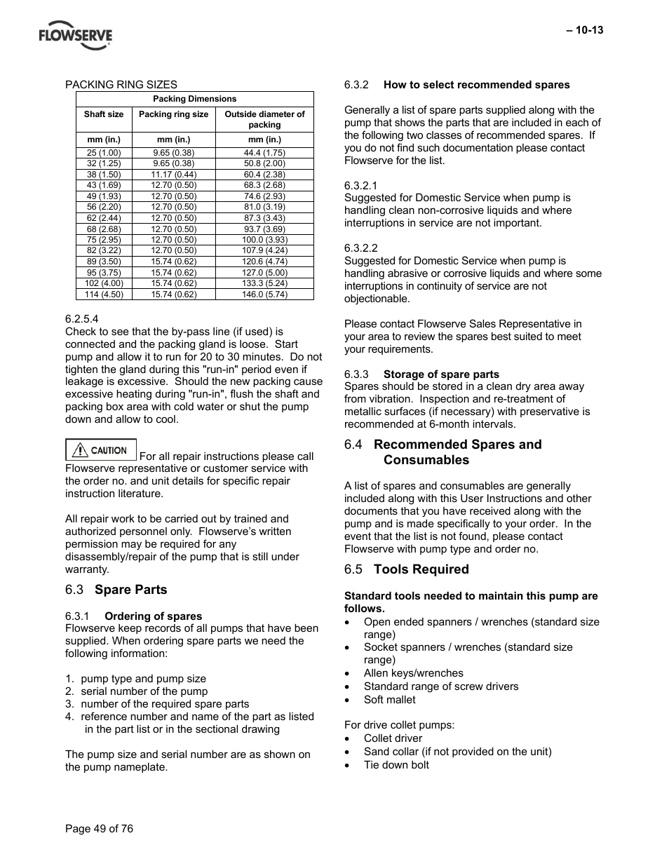 Spare parts 6.3, Recommended spares and 6.4 consumables, Tools required 6.5 | Flowserve VTP Wet Pit User Manual | Page 49 / 76