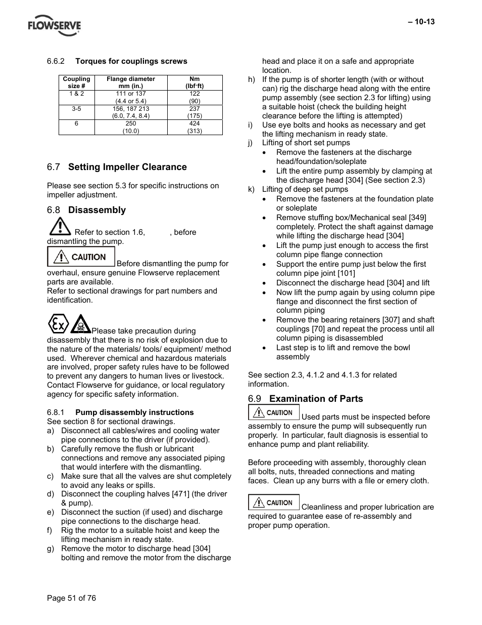 Setting impeller clearance 6.7, Disassembly 6.8, Examination of parts 6.9 | Flowserve VTP Wet Pit User Manual | Page 51 / 76