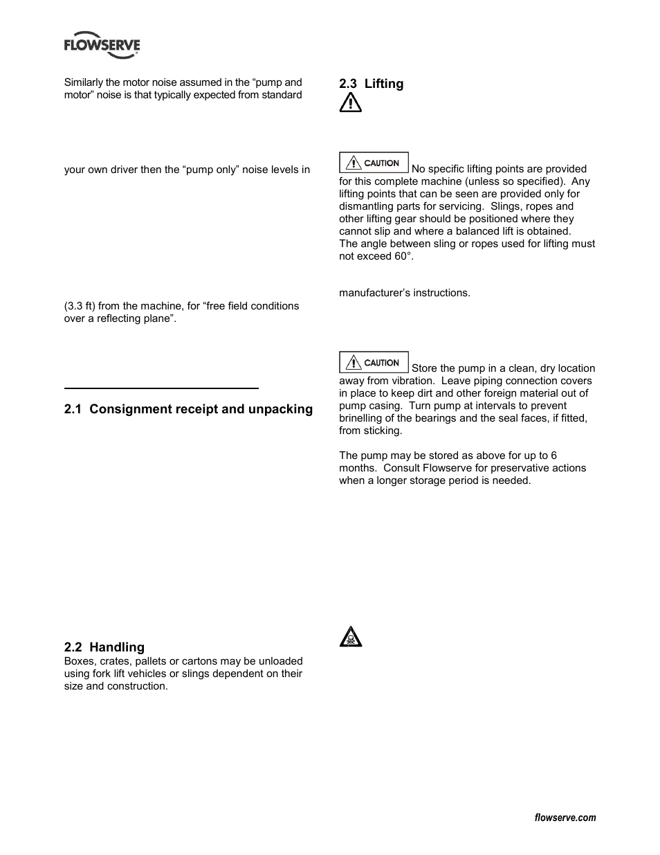 2 transport and storage, 1 consignment receipt and unpacking, 2 handling | 3 lifting, 4 storage, 5 recycling and end of product life, End of product life (2.5), Handling (2.2), Lifting (2.3), Receipt and unpacking (2.1) | Flowserve WPG IDP User Manual | Page 10 / 40