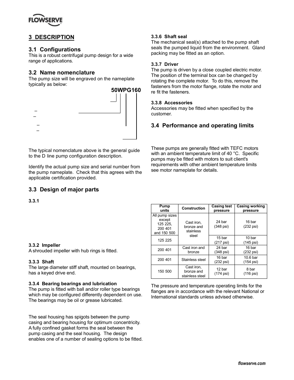 3 description, 1 configurations, 2 name nomenclature | 3 design of major parts, 4 performance and operating limits, Configurations (3.1), Design of major parts (3.3), Name nomenclature (3.2), Performance (3.4) | Flowserve WPG IDP User Manual | Page 11 / 40