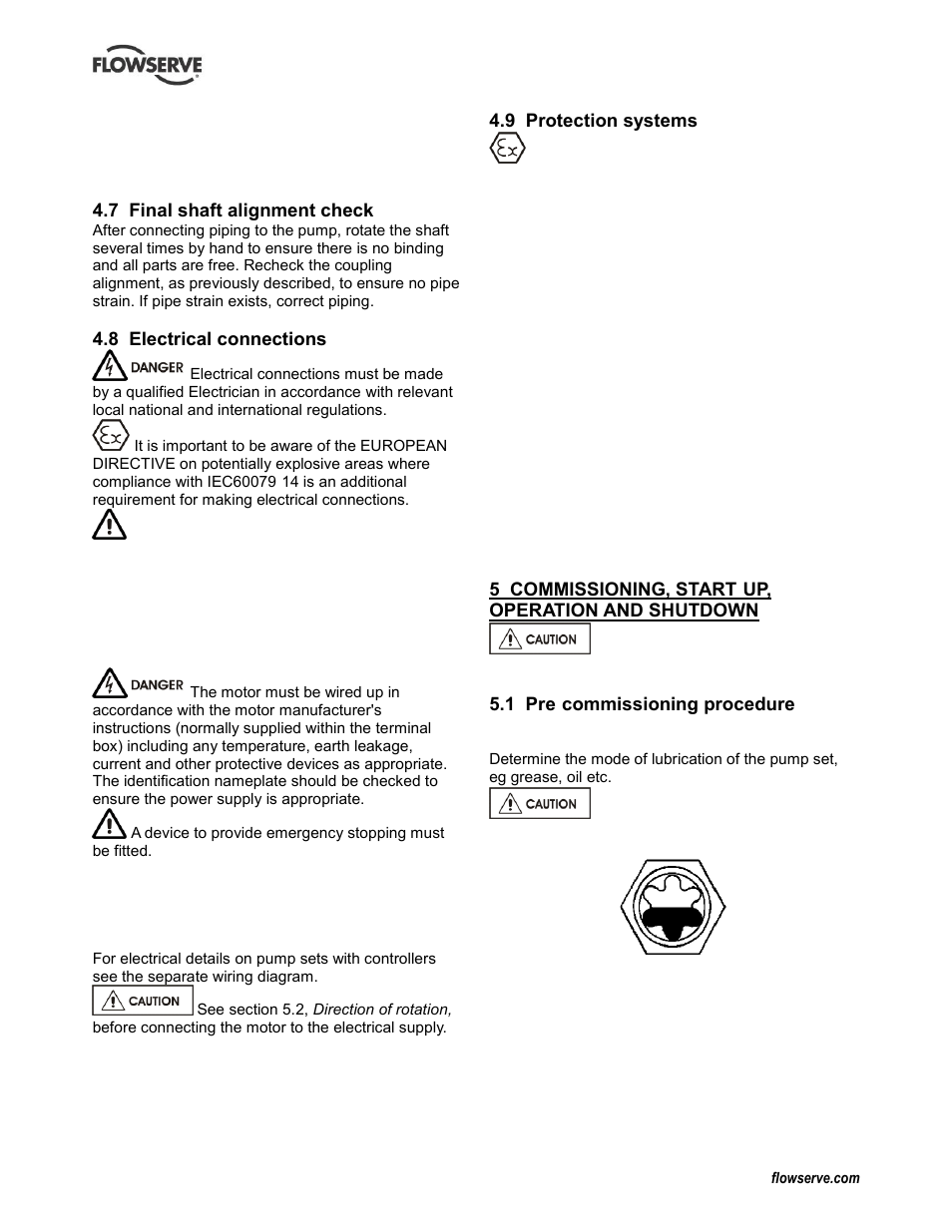 7 final shaft alignment check, 8 electrical connections, 9 protection systems | 5 commissioning, start-up, operation, And shutdown, 1 pre-commissioning procedure, Commissioning and operation (5), Electrical connections (4.8), Pre-commissioning (5.1), Protection systems (4.9) | Flowserve WPG IDP User Manual | Page 15 / 40