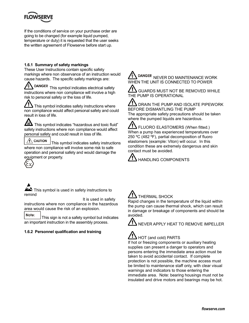 6 safety, Safety action (1.6.3), Safety markings (1.6.1) | Flowserve WPG IDP User Manual | Page 5 / 40