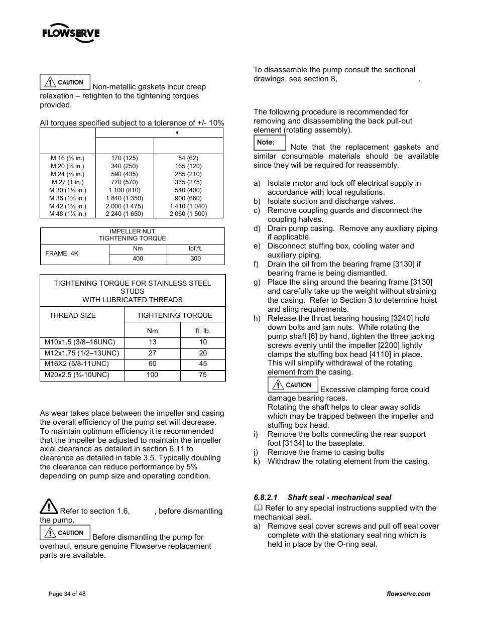 6 fastener torques, 7 renewal clearances, 8 disassembly | Flowserve MARK 3 GROUP 4 User Manual | Page 34 / 48